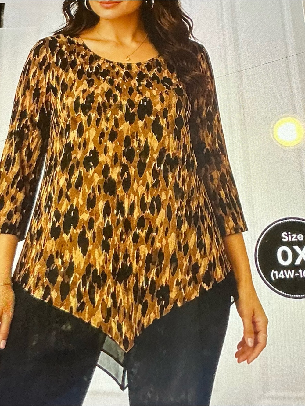 ALFANI OX LEOPARD ANIMAL PRINT TUNIC TOP  3/4 	SLEEVE CHIFFON HEM